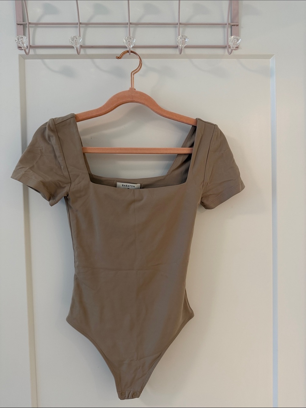 Babaton Square Neck Short Sleeve Bodysuit in Taupe